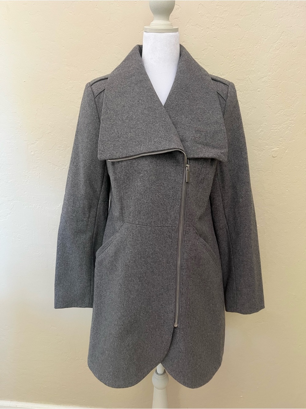 French Connection Womens Gray Asymmetrical Zip Wool-Blend Coat